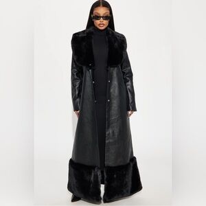 NWT Black Faux Leather Long Coat with Fur Trim 1X